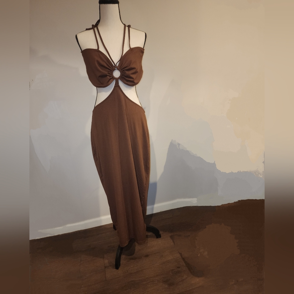 Shein Curve Elegant Brown Ribbed  Cut-Out Maxi Dress